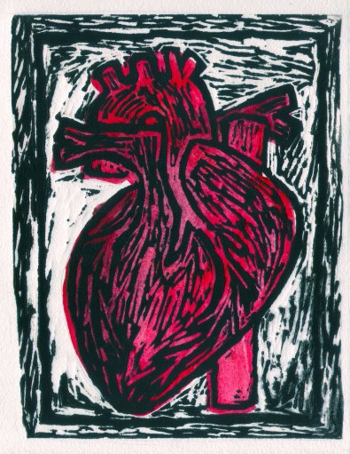 Heart, Linoleum block print and gouache, 2013
