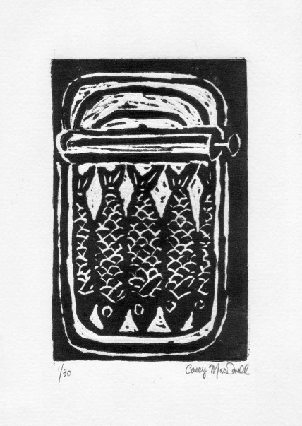 Sardines block print by Casey MacDonald